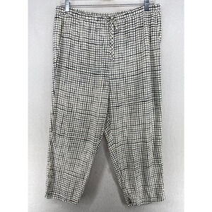 EILEEN FISHER Pants L Tencel Crepe Slouch Grid Check Tapered Ankle White Black
